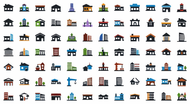 Collection of diverse building icons representing various architectural styles.