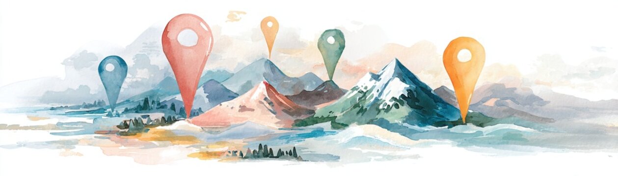 A watercolor landscape with mountains and valleys marked by colorful location pins floating above the terrain.