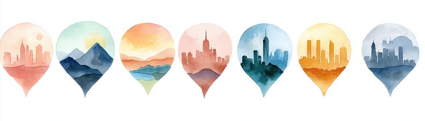 Obraz premium Watercolor map pins featuring various city skylines and mountain landscapes in warm and cool tones.
