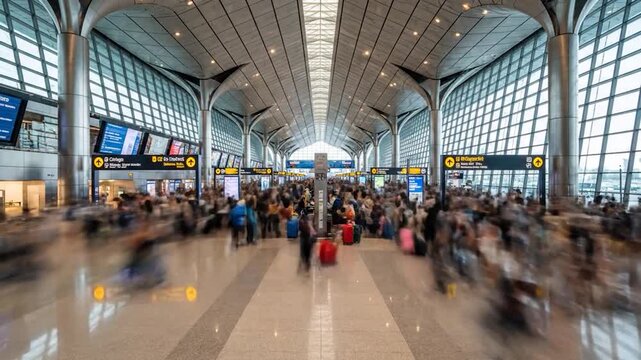 People with luggage walking through a large, modern transportation hub with many signs and information displays, blurred motion