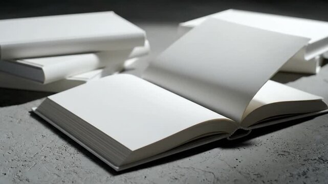 An open book with blank pages and a stack of books on a textured surface, ready for content creation and design purposes