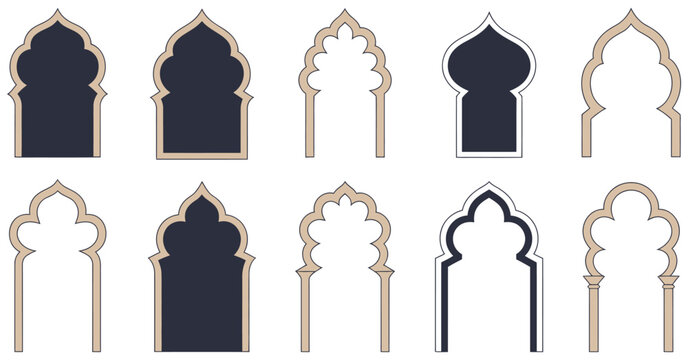 Elegant Islamic and Moroccan arch designs featuring diverse arch structures, intricate Islamic geometry patterns, Moroccan ornamental detailing, symmetrical decorative frames, high quality vector
