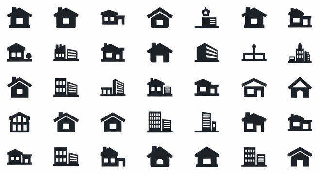 Collection of diverse building and house icons representing architecture and real estate.