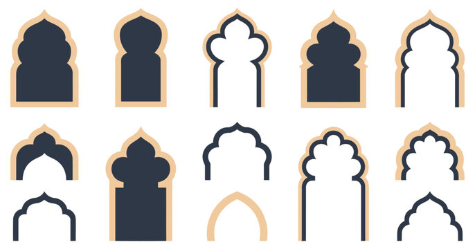 Elegant Islamic and Moroccan arch designs featuring diverse geometric shapes, intricate ornamental patterns, traditional architectural motifs, luxurious decorative frames, seamless vector illustration