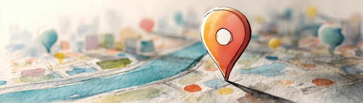 A colorful map with a prominent red location pin marking a specific spot near a river, symbolizing navigation and geographic positioning.