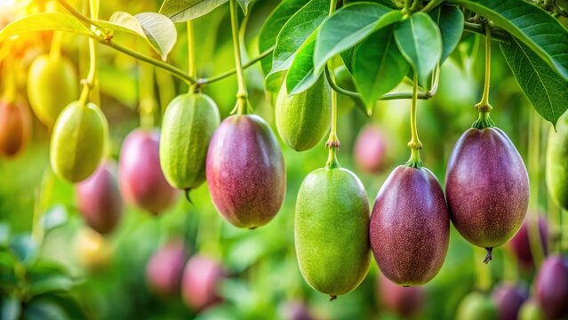 A photo of vibrant young akebia fruits hanging on lush green vines, ripe and ready to pick