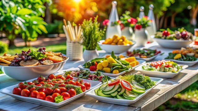 A photo of a serene vegetarian culinary buffet Cold appetizers and colorful vegetables arranged elegantly on white platters Fresh salads with vibr
