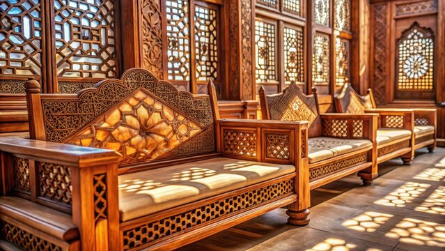 A photo of intricately carved wooden seating in an arabic majlis, closeup on the intricate designs and craftsmanship