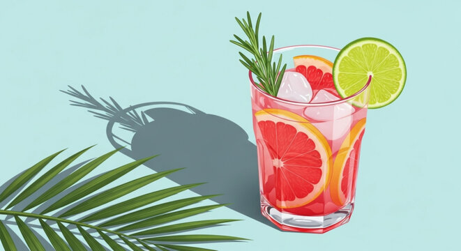 Refreshing grapefruit and rosemary cocktail with ice and lime summer drink concept for refreshment and lifestyle isolated on pastel blue back