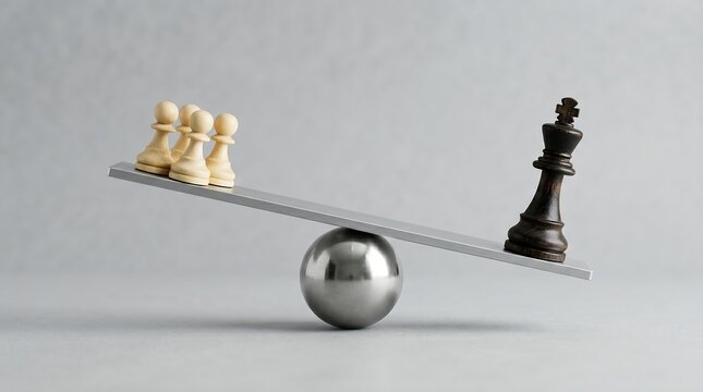 A clean minimalist depiction of inequality using chess pieces, where a powerful king outweighs multiple pawns, symbolizing imbalance in society and power structures.