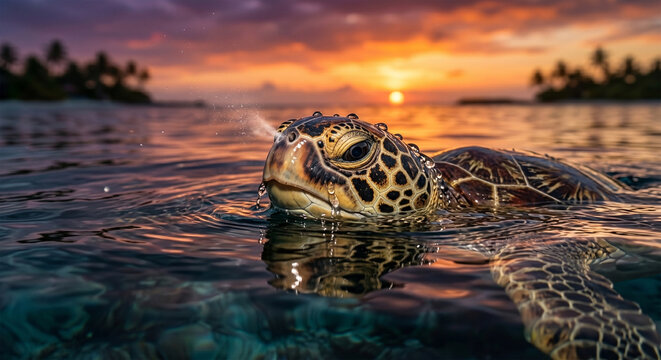 A perfectly timed shot at water-level of a Green Sea Turtle breaking the surface to breathe. Its nostrils are flared, and water beads off its head like diamonds. The background is a soft-focus sunset 