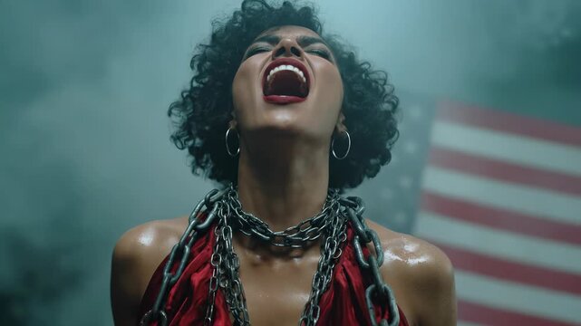 Juneteenth liberation, African American woman, powerful voice of freedom, breaking chains, historical emancipation, enduring resilience, cultural heritage, justice for all