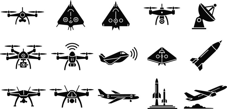 Aviation and drone icons set, military aircraft stealth drone quadcopter satellite missile airplane silhouettes, aerospace technology symbols, black white vector, isolated.