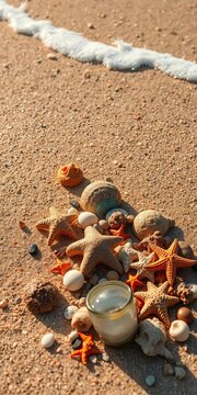Sea adventure treasures discovered on a sandy beach,  beach,  booty