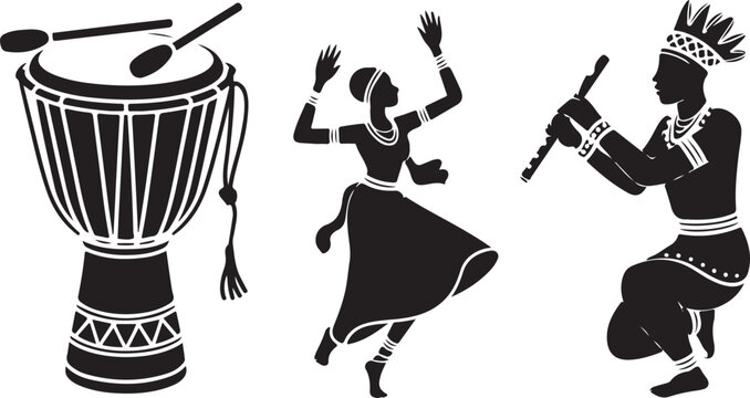 Silhouette vector of  tribal dancers and musicians playing drums.  Drum, Dancer and Flute Player Illustration 