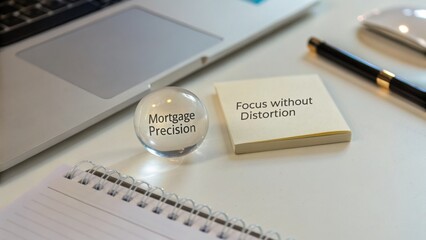 Obraz premium Clear Focus on Mortgage Precision and Distortion-free Insight in a Professional Work Environment with Laptop and Notepad