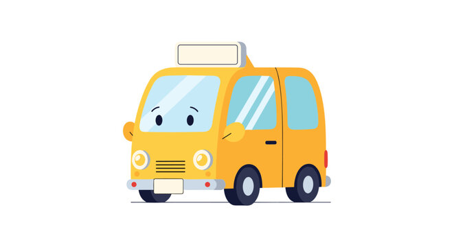 Yellow cartoon bus with friendly eyes and a small rectangular sign on top stands on a clean white background for children illustration.