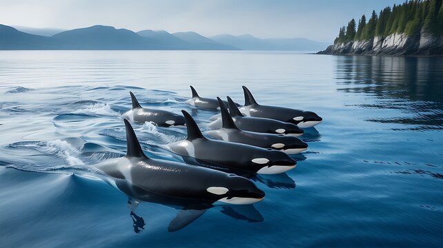 Pod of orcas swimming in calm ocean water near forest coastline under clear sky