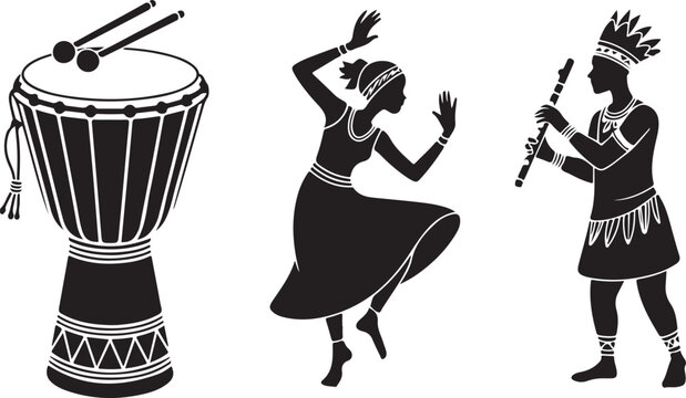 Silhouette vector of  tribal dancers and musicians playing drums.  Drum, Dancer and Flute Player Illustration 