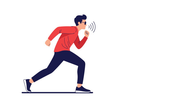 Sporty man in a red shirt and dark pants runs forward while speaking or shouting as indicated by several sound wave icons in the air.