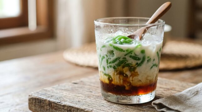 Traditional Indonesian es cendol with coconut milk and palm sugar syrup in a clean modern composition.