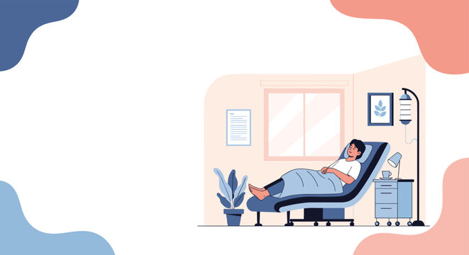 Patient relaxes in a comfortable medical reclining chair during a hospital stay with an intravenous drip bag and bedside equipment.