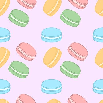 Seamless pattern of cute macarons cookies sweet food illustrations.