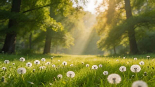 Dandelions in Sunlit Forest