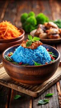 A photo of vibrant blue rice steaming in a traditional Nasi Kerabu bowl, garnished with sliced grilled chicken and fragrant herbs, set against a rusti