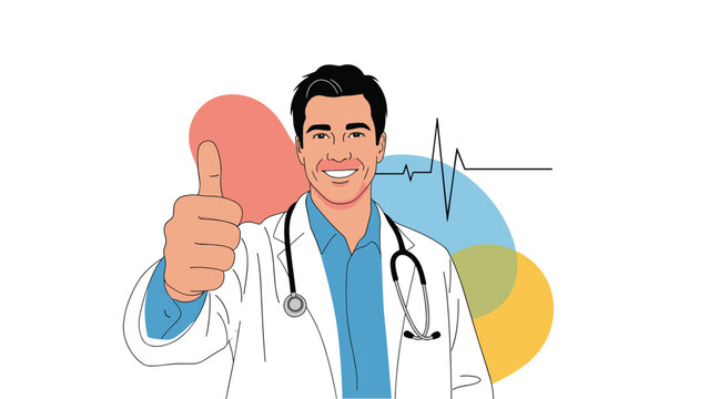 Friendly male doctor in a white coat and stethoscope smiling and giving a thumbs up for health approval and success.