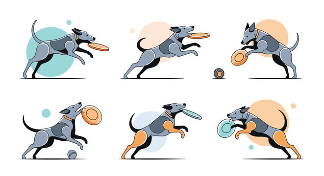 Dynamic set of stylized dogs in various action poses jumping and catching flying discs against a clean, minimalist white background.