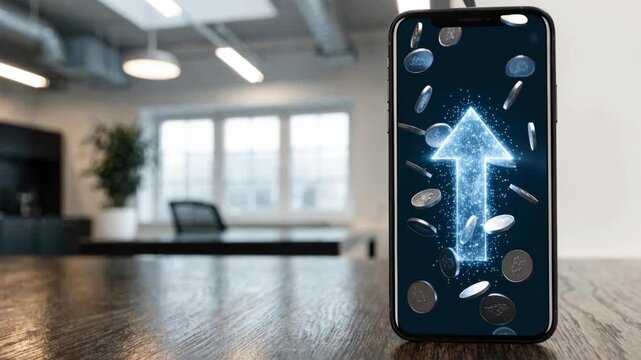 Digital arrow and floating coins smartphone screen showing upward growth and optimism