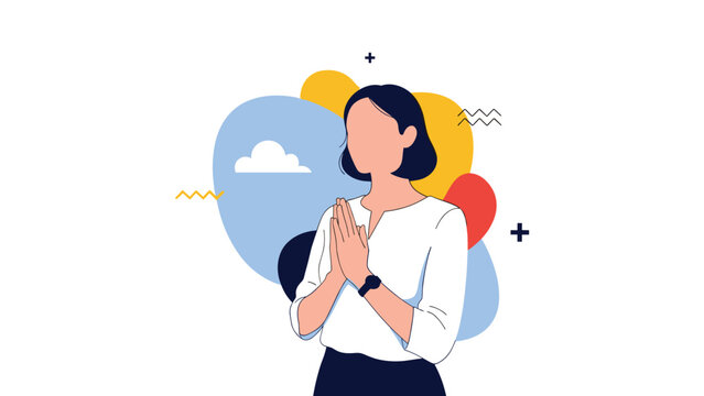 Young professional woman standing with her hands pressed together in a respectful namaste or prayer gesture against a colorful background.