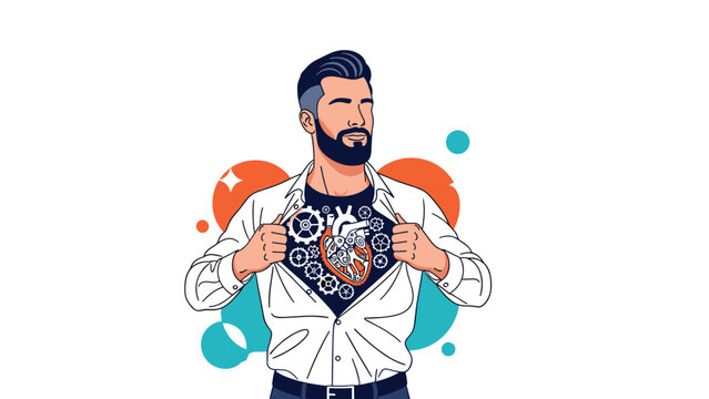 Strong bearded man ripping open his white shirt to reveal a mechanical heart made of gears and clockwork parts on his chest.