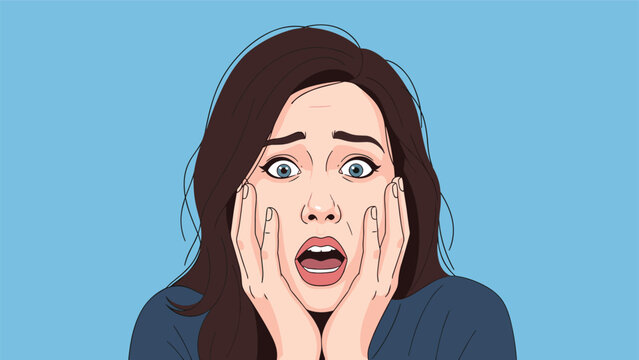 Shocked and terrified woman with her hands on her face looking directly at the camera in a state of extreme panic and fear.