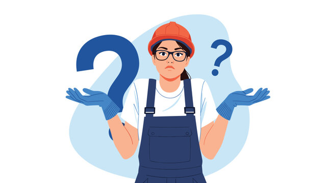 Confused female construction worker in a hard hat and overalls shrugging her shoulders with large question marks nearby.