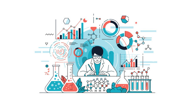 Male scientist performing experiments in a laboratory surrounded by chemical diagrams, data charts, and various scientific equipment.