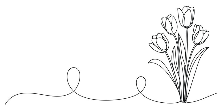 Continuous line drawing of a bouquet of tulip flowers
