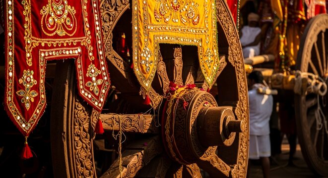 Decorated wooden chariot wheel at Rath Yatra festival in Puri Odisha India. Close-up of intricately carved craftsmanship and vibrant textiles adorned