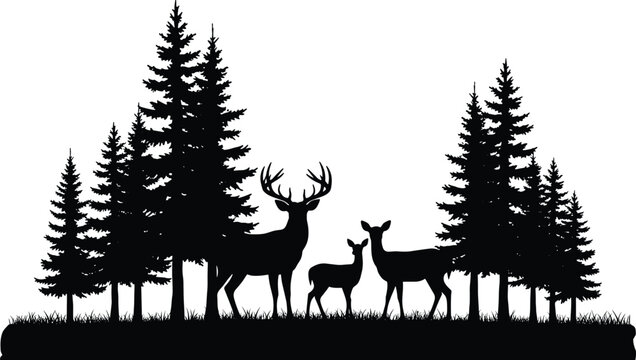 Black silhouette of deer family in pine forest, buck with antlers and doe with fawn, evergreen trees nature wilderness scene.