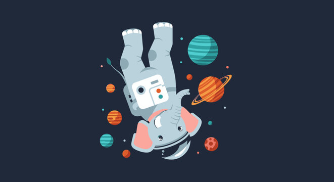Cute cartoon elephant astronaut floating upside down in outer space with planets and stars