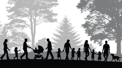 Fototapeta premium Black silhouettes of people walking in park, family with stroller and dog, outdoor activity with trees, misty forest background, vector landscape.