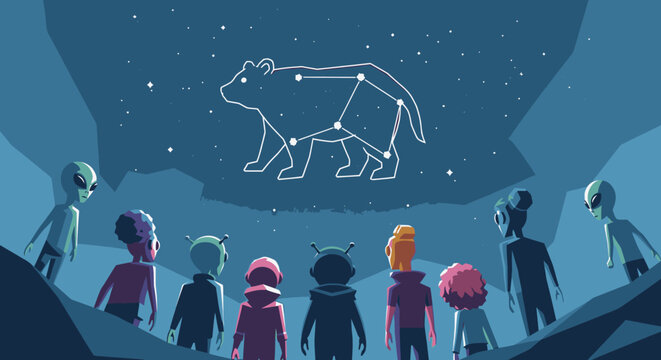 Curious alien characters looking up at the Ursa Major constellation in a dark, starry night sky, representing cosmic wonder and exploration.
