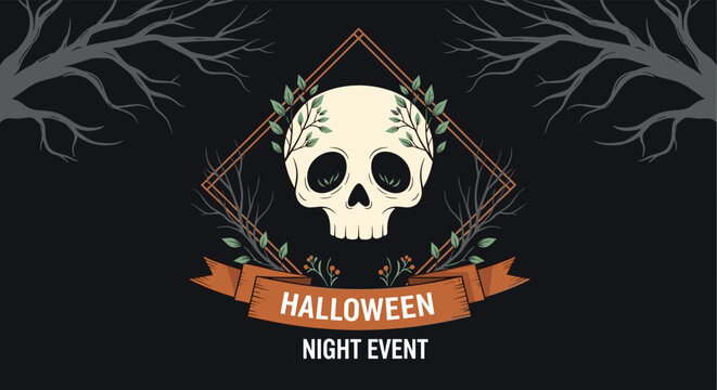 Spooky white skull is framed by delicate botanical branches and a diamond shape above a banner that reads Halloween Night Event on a dark background.