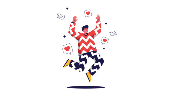 Energetic man jumps with joy while surrounded by floating heart speech bubbles and white birds representing happiness and positive social feedback.