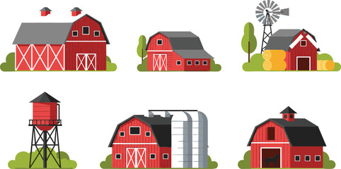Cartoon farm buildings set including red barns silo windmill water tower and rural structures agriculture vector illustration isolated on light background © MdMojnu
