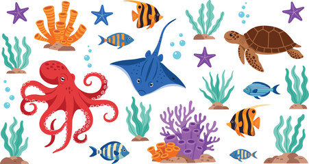 Colorful underwater marine life illustration featuring octopus turtle fish coral reef starfish seaweed and tropical ocean animals vector design © Kharshad Creative