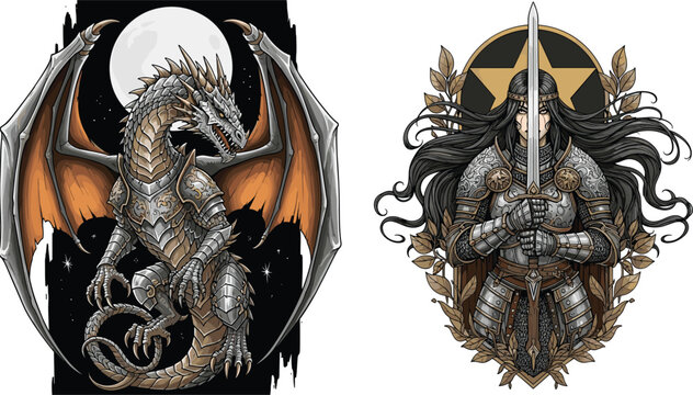 Fantasy dragon with metallic scales and armored warrior woman holding sword, dark medieval aesthetic, silver dragon and female knight, moon.