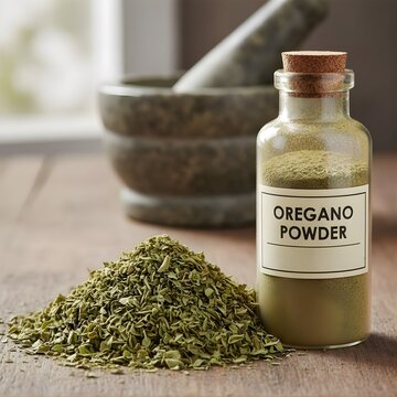 A small pile of dried oregano leaves is on a wooden surface next to a glass jar labeled "OREGANO POWDER" with a cork stopper. In the background.