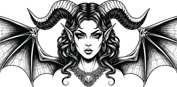 Gothic demonic woman silhouette with large horns and bat wings, dark fantasy female succubus portrait, ornate baroque necklace, Victorian engraving style.